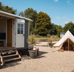 An open doorway of a small gray building with steps and potted plants next to a white canvas tent on a gravel area with trees and grass in the background at Stargazer in St Erme near Truro