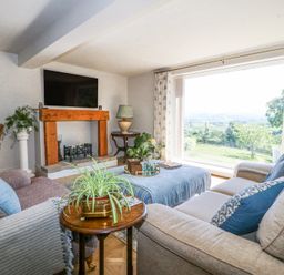 A living room with couches a wooden fireplace and a large window overlooking a garden at Holly Cottage in Llechwedd near Conwy