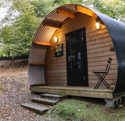 A small cabin with a curved roof in a wooded area with stone steps leading to the entrance at Ballybeg Pod 4 Ballybeg near Tinahely County Wicklow
