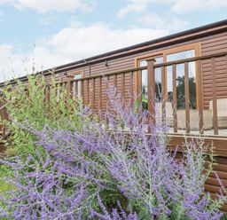 An outdoor view of a cabin with a flower bed and steps at Butterfly Lodge in Tunstall near Catterick, North Yorkshire