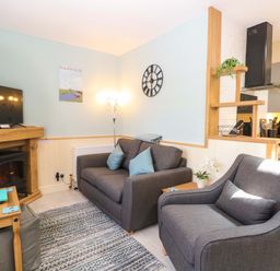 A living room with a tv, sofa, and fireplace at Rainbow's End in Swanton Morley