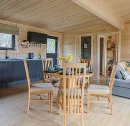 A wooden dining table with chairs in a kitchen area with blue cabinets and a gray sofa with pillows at Foxglove in Higher Wambrook near Chard