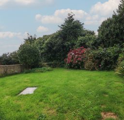 A garden with grass and bushes including pink flowers and a small brick wall at Ty Nant in Abersoch