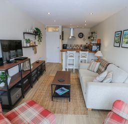 A living room with a television, sofa, and kitchenette at Oakley View Apartment in Porthmadog