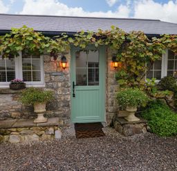 Front entrance of a stone cottage with a green door and plants around at Little Cloud Nash near Cowbridge