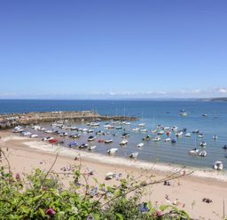A beach with people on the sand and many boats anchored in the water near a harbor at Fronwig in New Quay