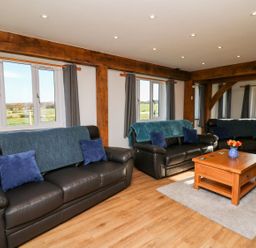 A living room with three black leather sofas with blue cushions and throws a wooden coffee table with a vase of flowers on a rug at Yr Adfa in Llangeitho near Tregaron