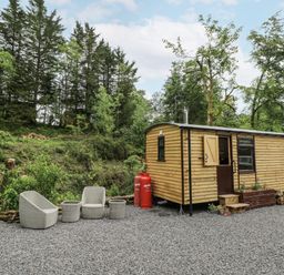 A wooden cabin with outdoor seating and gas canisters at The Hamper in Felingwm near Carmarthen