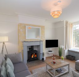 A living room with a fireplace a grey sofa a wooden coffee table and a TV near a window at Trackside in Ruswarp