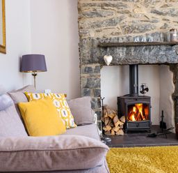 A living room with a sofa and cushions beside a stone fireplace with a wood burning stove and a yellow rug at Dola in Pentre Du near Betws-Y-Coed