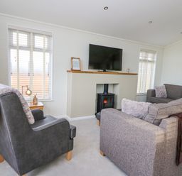A living room with a grey armchair and a grey sofa with cushions a television above a fireplace with a small stove and two windows at Seren Lodge in Builth Wells