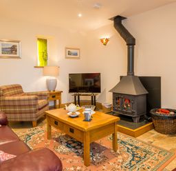 A living room with a wood stove television armchair and coffee table at Teifi Cottage Cardigan Near Cenarth