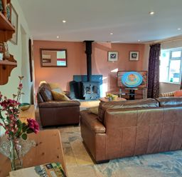 A living room with brown leather sofas a wood stove a television and a shelf with decorations at Cothi Cottage in Cardigan Near Cenarth
