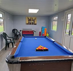 A game room with a blue pool table foosball table plastic chairs and animal paintings at Cothi Cottage Cardigan Near Cenarth