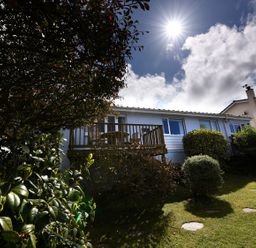 A house with a wooden deck and outdoor furniture surrounded by bushes and trees at Northern Lights in Polzeath