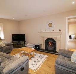 A living room with armchairs a wooden coffee table a fireplace and a television at Dock at Dominic's Ballyheerin near Downings