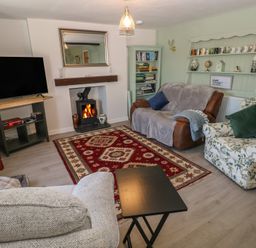 A living room with a fireplace a red patterned rug and sofas at Chapel Hill House Chapel Hill near Pembroke