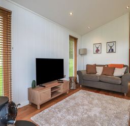 A living room with a gray sofa cushions wooden TV stand and a black wood-burning stove at 3 Hedgerows in Lanreath