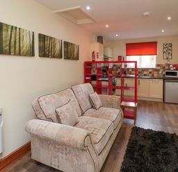 A living area with a patterned sofa a black rug and a red shelving unit near a kitchen with tiled backsplash and a window with a red blind at Stable Cottage in Cottonshopeburnfoot near Otterburn