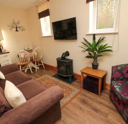 A living room with a brown sofa, a floral armchair, a small wooden table with a plant, a wall-mounted TV, a small stove, and a dining area with two chairs at Fir Tree Cottage in Cottonshopeburnfoot near Otterburn