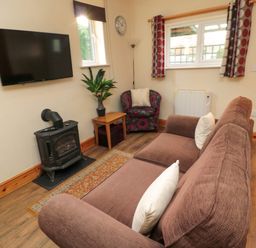 A living room with brown sofa white pillows small table plant armchair wall clock and TV at Fir Tree Cottage in Cottonshopeburnfoot near Otterburn
