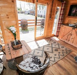 A wooden cabin interior with patterned rug table two chairs and a wooden cabinet with a sink at Whiskey Creek Cabin in Castlerock