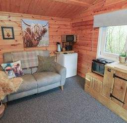 A small living area with a sofa two cushions a blanket and wooden cabinets with kitchen appliances at Mill Cabin Denant in Haverfordwest