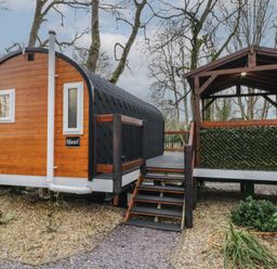 A small cabin with wooden siding and black roof next to a covered wooden deck surrounded by trees at Hazel in Dungiven Londonderry