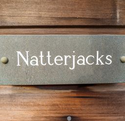 A stone nameplate with the text Natterjacks fixed on a wooden surface at Natterjacks in Syderstone