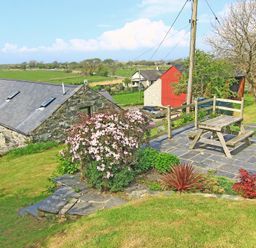 A stone building with skylights near a garden area with a wooden picnic table and flowering shrubs at Y Stabl The Old Stable in Llanbedr