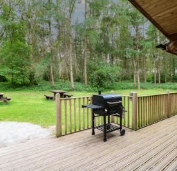 A wooden deck with a barbecue grill and picnic tables on a grassy area with trees at Chestnut Lodge in Rosliston