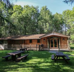A wooden lodge with a porch and picnic tables on a grassy area surrounded by trees at Chestnut Lodge in Rosliston