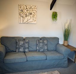 A living room with a grey couch with two patterned cushions a wooden side table with tall grass in a pot a hanging plant and a tree wall art at Hawthorn in Crackington near Crackington Haven