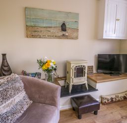 A living area with a brown armchair and cushion a small white stove a television on a wooden shelf and a vase with flowers at Dowlais in Llanllyfni near Penygroes