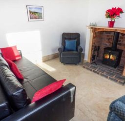 A living room with a black sofa and red cushions a black armchair with a blue cushion a brick fireplace with a wood stove and a red potted plant on the mantel at 1 Willow Cottage in Upton Upon Severn