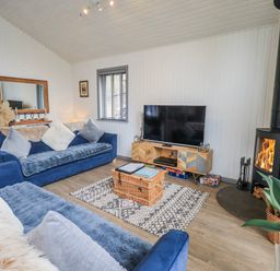 A living room with a sofa, television, and fireplace at Fig Tree Lodge in Hutton Roof near Penrith
