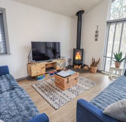 A living room with a television and fireplace at Fig Tree Lodge Hutton Roof near Penrith