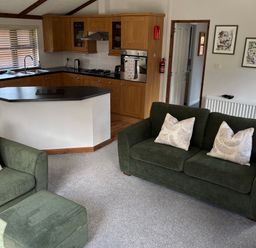 A living room with a green sofa and kitchen area at 2 Riverside Lodge Abercych near Cenarth