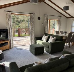 A living room with a sofa and television at 2 Riverside Lodge near Cenarth