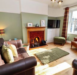 A living room with a fireplace and a television at Dinguardi in Seahouses