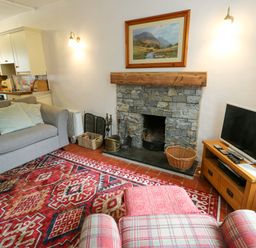 A living room with a sofa and fireplace at Riverbank Cottage in Beddgelert