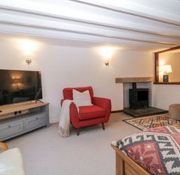A living room with a red armchair a television on a stand and a wood stove at Springfield in Kingsand