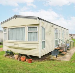 A beige caravan with steps and potted plants on a grass lawn at 120 Caravan in Hemsby