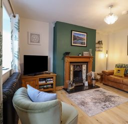 A living room with a fireplace television green armchair and brown sofa at Gwynfa in Ysbyty Ifan
