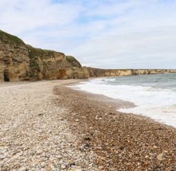 A pebble beach with cliffs on the left and waves from the sea on the right at The Beach Apartment in South Shields