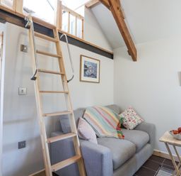 A small living area with a gray sofa and a wooden ladder leading to a loft at Cwt Mochyn in Llanberis