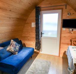 A small wooden room with a blue sofa a door a wall-mounted TV and a table with a plant at Charlottes in Holbeach