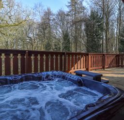 An outdoor wooden deck with a hot tub and trees in the background at Forest Lodge in Kenwick Woods