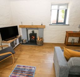 A living room with a TV on a stand a fireplace with logs a gray armchair a small wooden table with a lamp and a window at 3 The Barn in Haverfordwest
