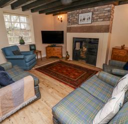 A living room with sofas a blue armchair a television a fireplace and a patterned rug at Timberwick Green in Akeld near Wooler